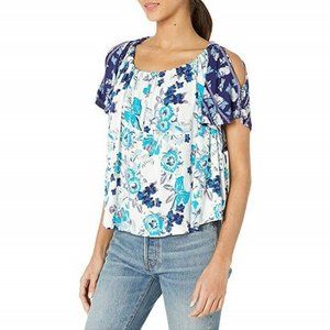 NWOT Free People Baja Babe Cold Shoulder Scoop Neck Blouse in Blue Print, XS